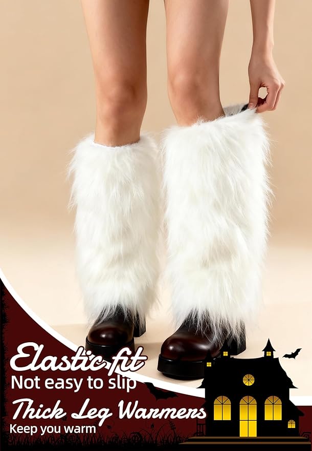 Zando Furry Faux Fur Leg Warmers for Women - Soft Fluffy Legwarmer Winter Boot Cuffs Covers for Daily Halloween Santa Costume
