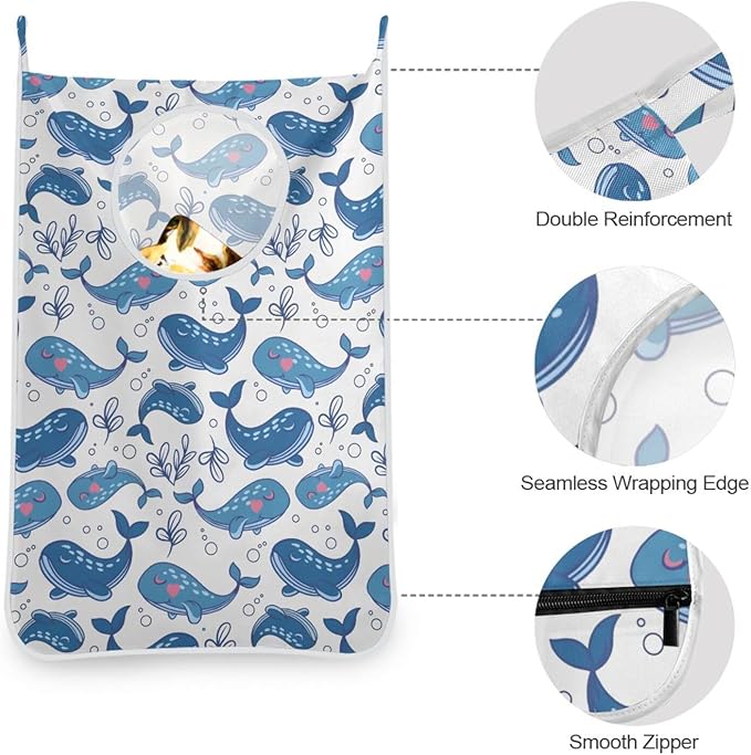 Hanging Laundry Hamper Over Door with Stainless Steel Hooks Dirty Clothes Hamper Bag 29.5X20inch 2PCS Cute Whale