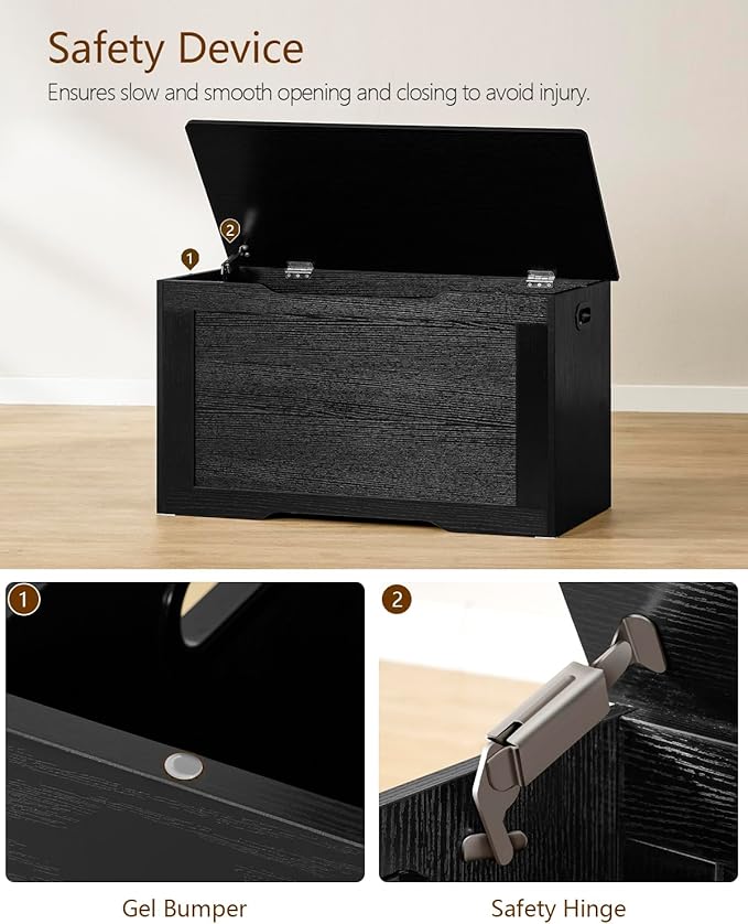 usikey 29.5” Storage Chest, Toy Box with Safety Hinge & Gel Bumpers, Toy Chest, Lift Top Storage Trunk, Supports 220 lb, for Living Room, Bedroom, Entryway, Black
