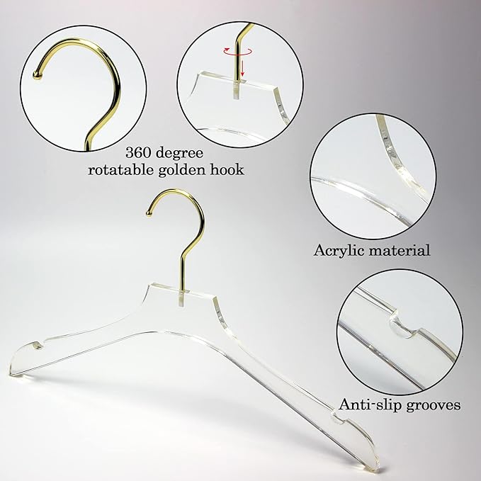 10 Pcs Clear Acrylic Hanger Crystal Clothes Hanger with Gold Hook Non-Slip Transparent Formal Dress Standard Hanger