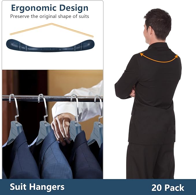DEDU Plastic Extra Wide Shoulder Suit Hangers for Men 10 Pack Width 17.7", Blue Sweater Hangers no Shoulder Bump Non Slip for Thick Sweaters, Clothes Hangers with Pants Bar & Metal Hook