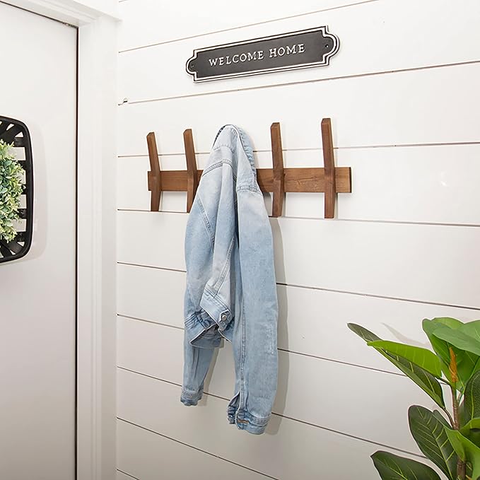 24-Inch Mid Century Coat Rack with 5 Wooden Hooks, Farmhouse Style Hookrail for Bedroom, Living Room, Hallway, and More, Solid Wood, 9.5" H x 24" W x 2.25" D, Walnut