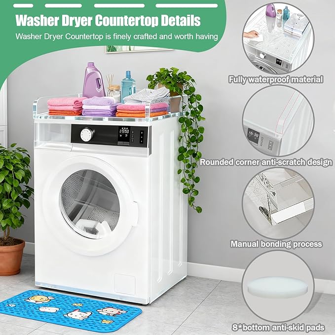 Washer Dryer Countertop, Acrylic Single Laundry Countertop, 27.5″ W*27.5″ D*3.1″ H, Laundry Topper for Washer and Dryer with Non-Slip Mat for One Unit Only Washer or Dryer (Transparent)