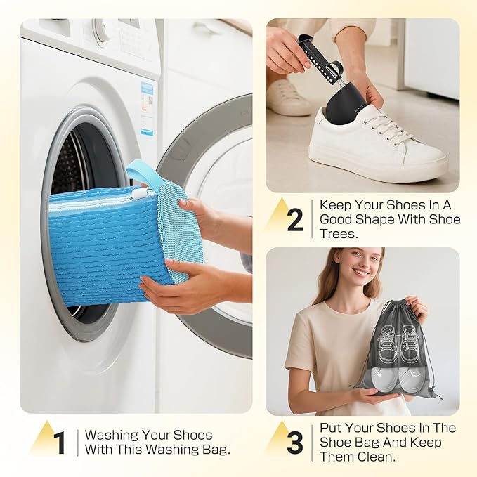 Shoe Washing Machine Bag,Reusable Laundry Cleaning bags for Washer and Dryer Fluffy Fibers 360° Wrap-Around Cleaning for All Shoes with Adjustable Shoe Trees & Dust-Proof Bag (Blue 4Pcs)