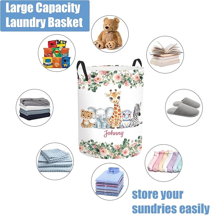 Custom Woodland Animals Laundry Basket for Kids, Personalized Name Baby Dirty Clothes Basket with Name and Handles, Customize Laundry Hamper, Personalized Laundry Basket for Nursery Girl