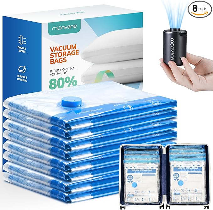 Vacuum Storage Bag with Cordless Electric Air Pump, 8 Pack(17.7 * 13.7 in) Double Zip Seal Space Saver Bag, Vacuum Sealer Bags for Travel and Outdoor Storage