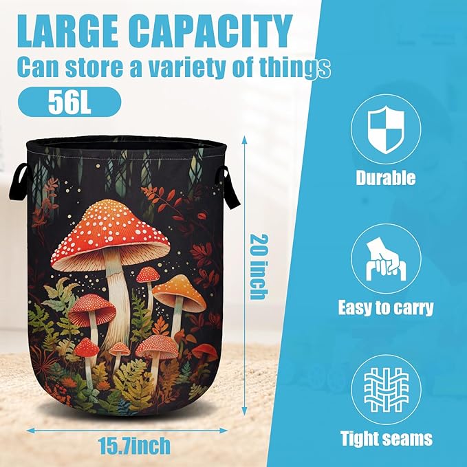 Mushrooms Forest Laundry Basket, Laundry Hamper Collapsible Oxford Cloth with Handle Clothes Toy Storage Bin for Bathroom Laundry Room Bedroom 15.7 X 20 Inch