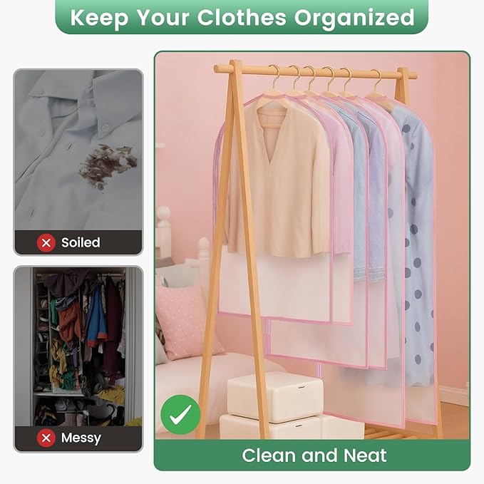 6 Pack Garment Bags for Hanging Clothes - Translucent Suit Bag for Closet Storage, Clothes Cover for Hanging Shirts, Dresses, Travel, Moving - Pink