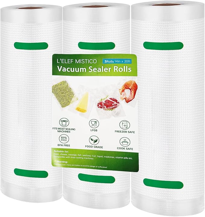 L'ELEF MISTICO Vacuum Sealer Bags Rolls 14''X20' (3 Rolls), Commercial Grade, BPA Free, Heavy Duty Food Storage Freezer Bags