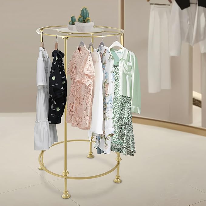 YIYIBYUS Round Garment Rack, Floor Standing Iron clothes Hanging Rack with Topper, Suitable for Large Shopping Malls Retail, Clothes Boutique Display Laundry Rooms (Gold)