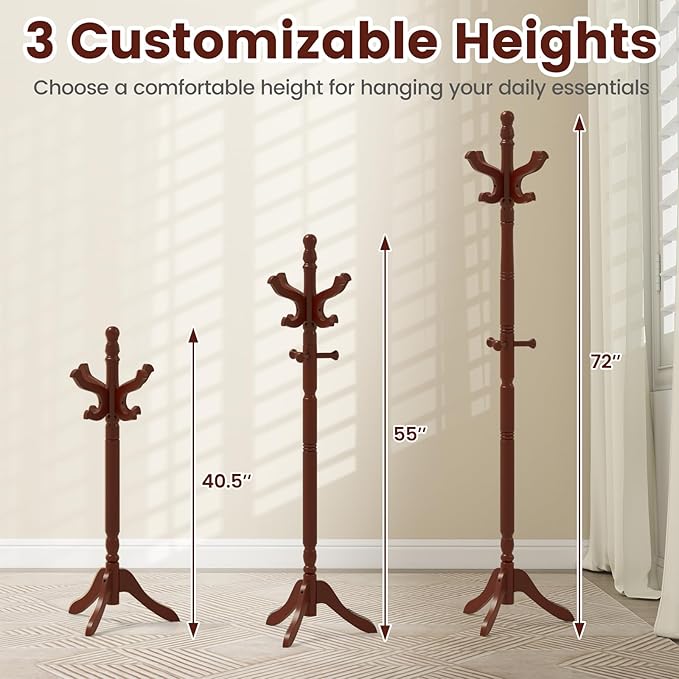 Giantex Solid Wood Coat Rack, Freestanding Hall Tree with 3 Adjustable Heights and 11 Hooks, Rubber Wood Frame, Entryway Hanger Stand, Wooden Garment Rack for Hallway, Living Room (Reddish Brown)