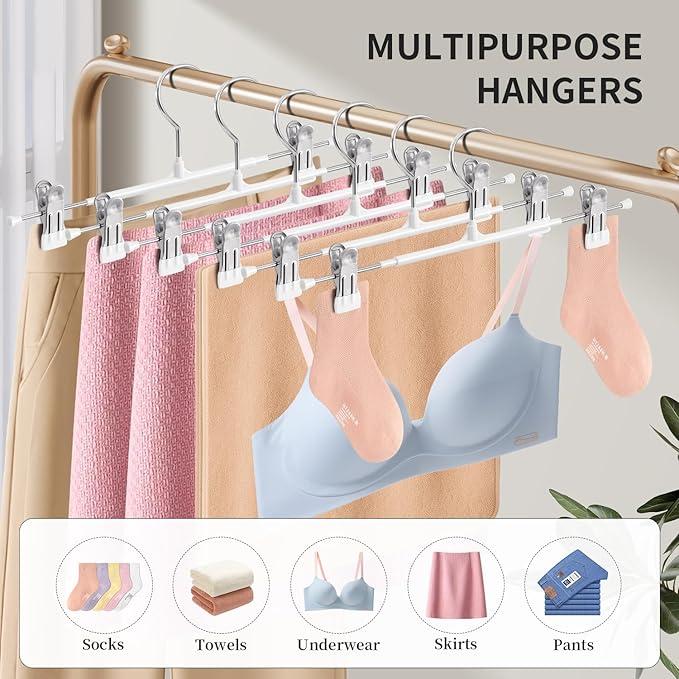 HUADYMEET 16 Inch Extended-Length Pants Skirt Hangers Non-Slip,20 Pack Adjustable Jeans Trousers Shorts Metal Clothes Hangers with Clips for Men Women, Strong Durable Heavy Duty Space Saving(White)