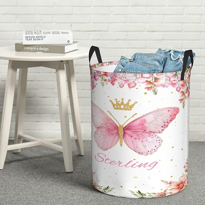 Personalized Butterfly Laundry Basket For Baby Kids Boys Girls Adult Custom Hamper Basket With Name For Bathroom Bedrooms Collapsible Baby Laundry Basket, Dirty Clothes Hamper With Handles