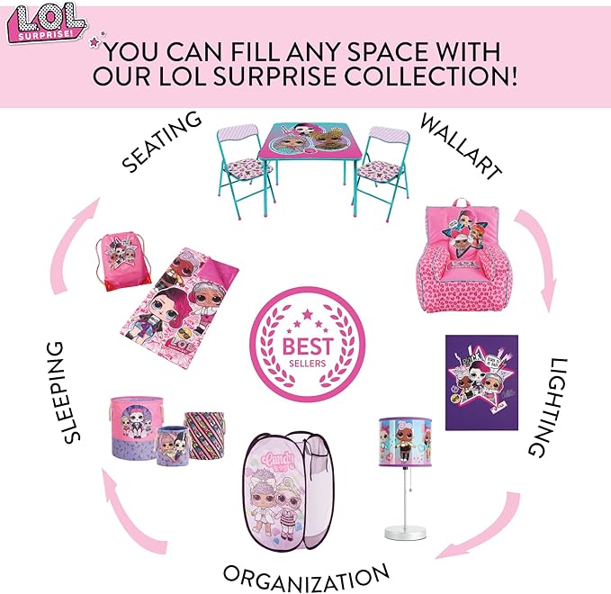 LOL Surprise Pop Up Laundry Hamper,Pink Kids Clothes Storage with Durable Carry Handles, 21" H x 13.5" W x 13.5" L