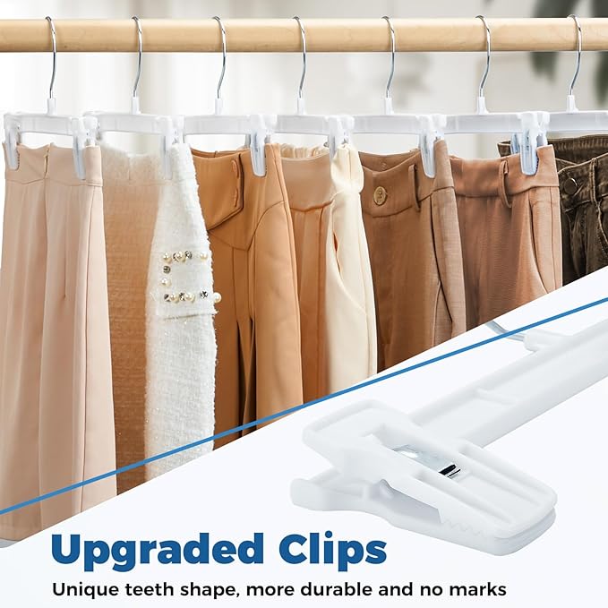 Smartor Skirt Hangers|Pants Hangers with Clips 60 Pack | Space Saving| Durable| Durable Clips| Pant Hanger for Men| White Hanger Clips for Women Shorts, Jeans, Slacks