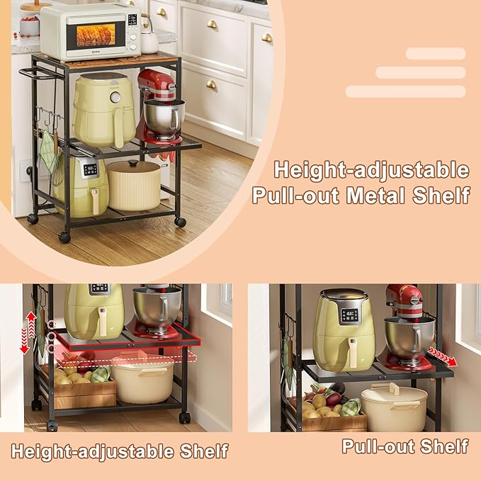 Kitchen Cart with Adjustable Shelves 3-Tier, Rolling Microwave Cart with Push Handle, Microwave Storage Stand with Drawer Slider Shelf, Utility Cart for Kitchen, Restaurant, Living Room, Office