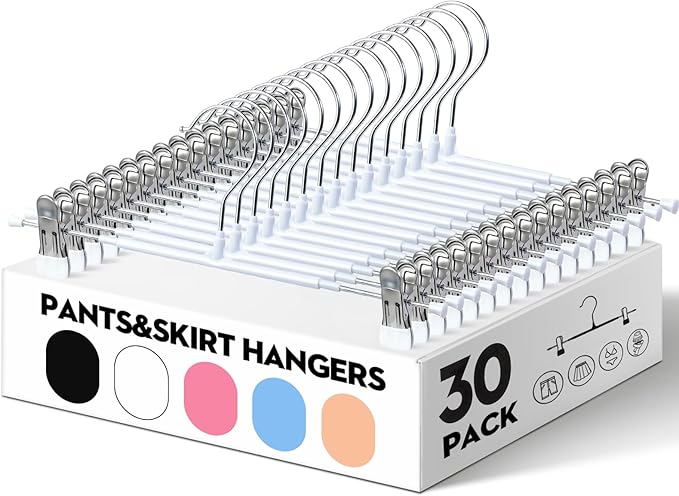 HUADYMEET 30 Pack 12Inch Pants Hangers with Clips,Metal Trouser Hanger for Jeans.Space Saving Skirt Hangers Heavy Duty Non-Slip Adjustable Clothes Shorts Hanger for Women,Men,White