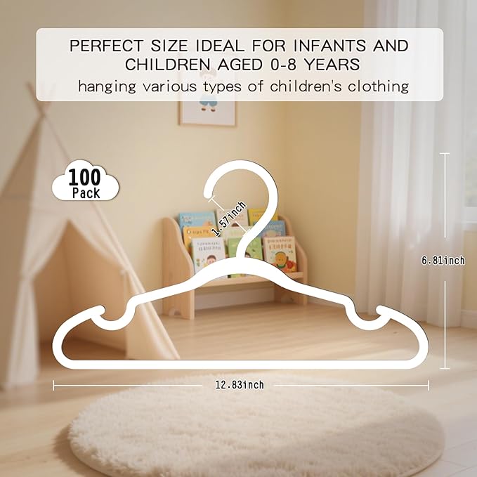 100 Pack Baby Plastic Hangers,12.83" Ultra-Thin,Non-Slip Hangers for Children. Ideal for Closets and Nurseries.Designed for Newborns and Children's Clothing,Including Trousers,Coat,Dresses.(White)