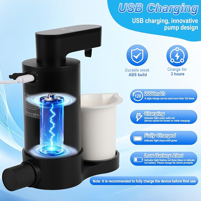 Electric Laundry Detergent Dispenser with Graduated Cup, Smart Laundry Detergent Pump, 2000mAh Rechargeable Fabric Softener Dispenser with Lock Function, for Laundry Room Organization (Black)
