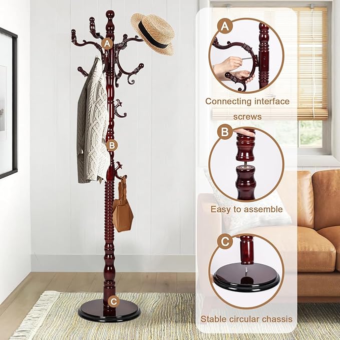 Solid Wood Coat Rack, Free Standing Hall Coat Tree with 14 Hooks, 3 Height Options, 300lbs Load, Stury Base, Clothes Rack for Entryway, Hallway, Bedroom (Disc Base - Rosewood)
