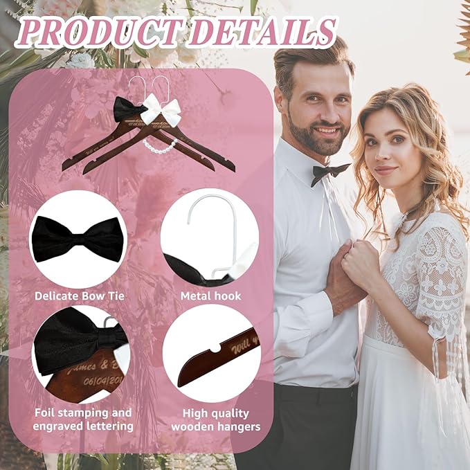2 Pcs Personalized Wedding Hanger for Bride and Groom, Wooden Bride Hanger, Custom Mr and Mrs Hangers with Bow Tie for Tuxedo, Bridal Party Shower, Wedding Gift