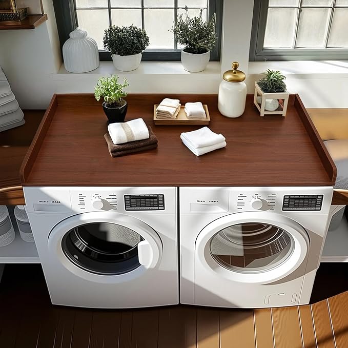 54"x27.5" Washer Dryer Countertop Cover - Laundry Room Table Top with Non-Slip Surface & Protective Edge, Fold Clothes and Detergent Organizer Shelf, Easy Assembly (Brown)