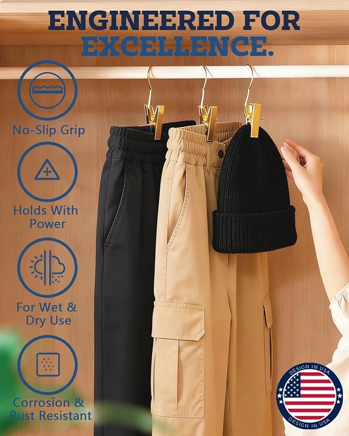 60 Pack Gold Boot Hangers for Closet Storage, Clips Hangers for Pants, Jeans, Towels & Laundry - Portable Space Saving Design for Travel and Home Organization