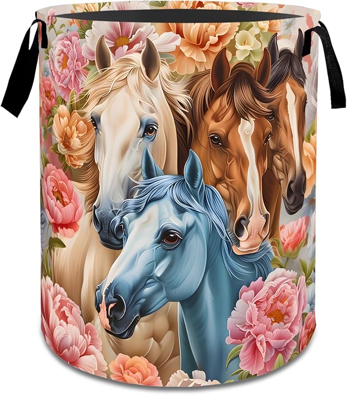 Elegant Horse Flower Laundry Basket,Rustic Dirty Clothes Hamper,Floral and Animal Storage Bin Gifts,Foldable Waterproof Oxford Cloth Baskets for Bathroom,Bedroom,Home Decoration(19.7" x 15.8")