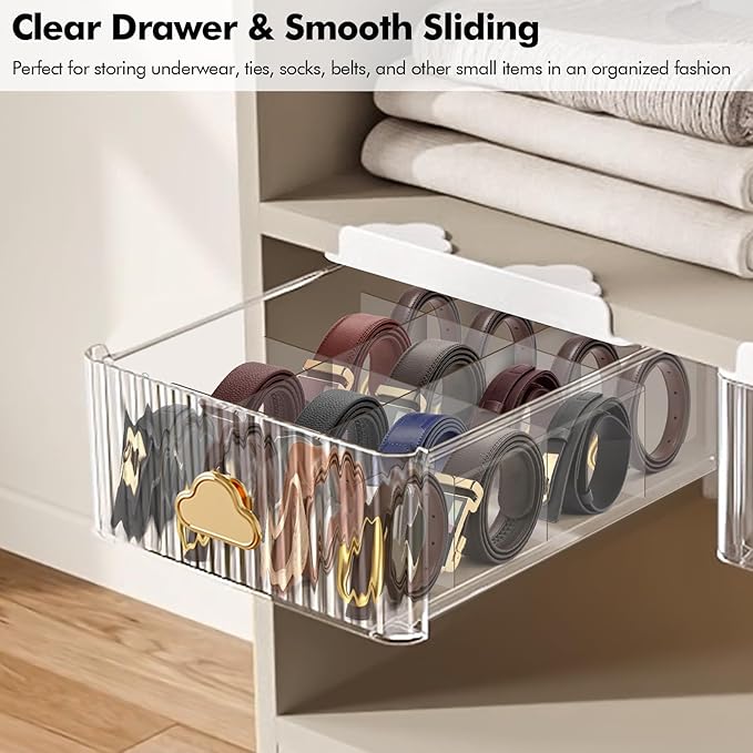 Under Shelf Drawer Pull Out Under Cabinet Storage, Clear Organizer for Closet Shelves with 16 Cells Detachable Divider, Self-Stick Under Table Drawer for Cabinet