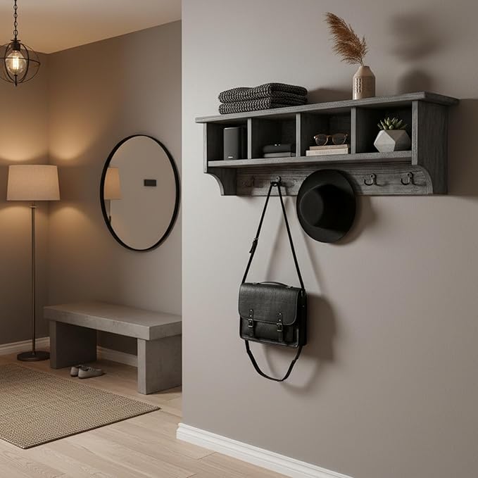 Alaterre Furniture Pomona Entryway Organizer – Rustic Industrial 48-Inch Wall-Mounted Coat Rack with 6 Double Hooks & 4 Open Cubbies – Solid Wood Mudroom Storage for Apartment or Hallway (Slate Grey)