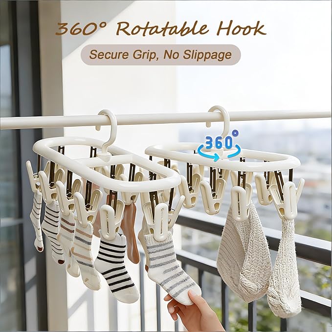 Clothes Drying Hanger with 12 Clips 2 Pack Folding Portable Hanging Drying Rack,Drip Foldable Hanging Rack 360° Rotatable Hook Clips