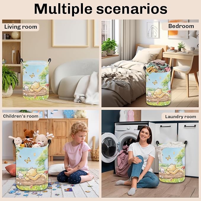 Greatingreat Winnie Foldable Laundry Basket - Small Circular Collapsible Hamper with PE Coating, Baby Laundry Basket & Clothes Organizer for Nursery, Bedroom, Home Storage (Blue)