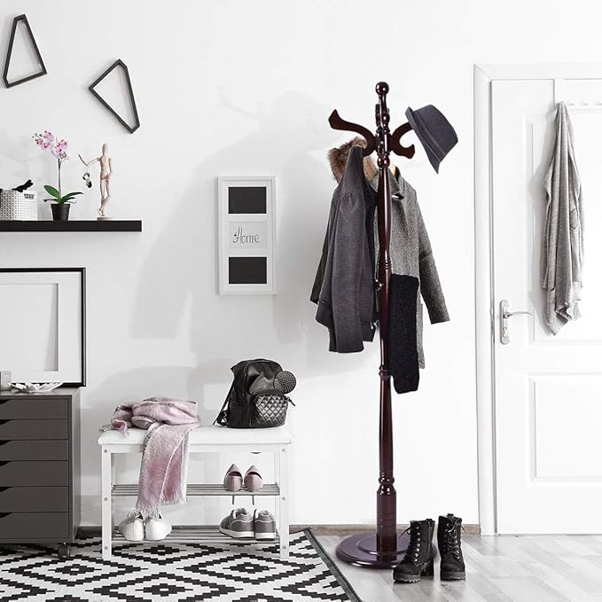 Tangkula 71" Free Standing Solid Wood Coat Hat Scarf Rack Hanger Tree Stand Home Furniture, Brown, (Model: Coat Tree Stand)