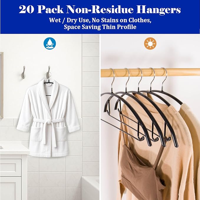 30 Pack Non Slip PVC Coating Metal Clothes Hangers No Shoulder Bump,Built-in Shoulder Hook and Bottom Rod,Suitable for Sweaters,Suits,Shirts,Skirt,Jackets (Black, 30 Pack)