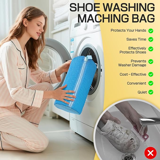 Shoe Washing Machine Bag,Reusable Laundry Cleaning bags for Washer and Dryer Fluffy Fibers 360° Wrap-Around Cleaning for All Shoes with Adjustable Shoe Trees & Dust-Proof Bag (Blue 4Pcs)