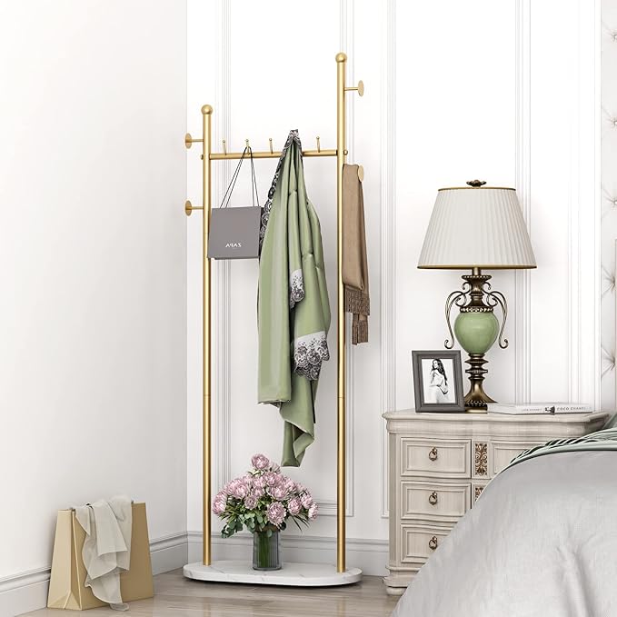 DR.IRON Gold Clothing Racks with Marble Base Modern Coat Racks Freestanding Gold Clothes Rack with Shelves for Bedroom Heavy Duty Garment Racks in Hallway, Entryway