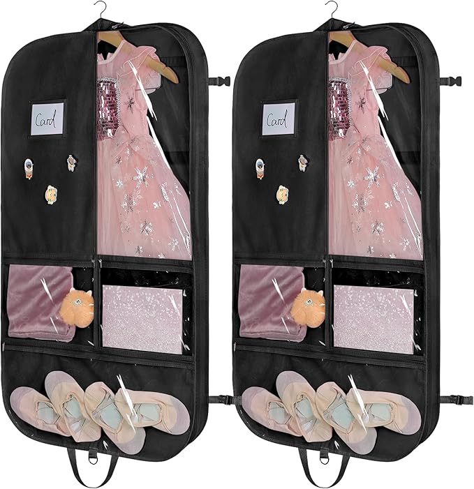 Univivi Dance Costume Garment Bag, 40 Inch Black Costume Bags For Dancers With 3 Medium Clear Zipper Pockets And 2 Back Zippered Pocket, 1 X Pendant, 3 X Badge For Competitions (2 Pack)