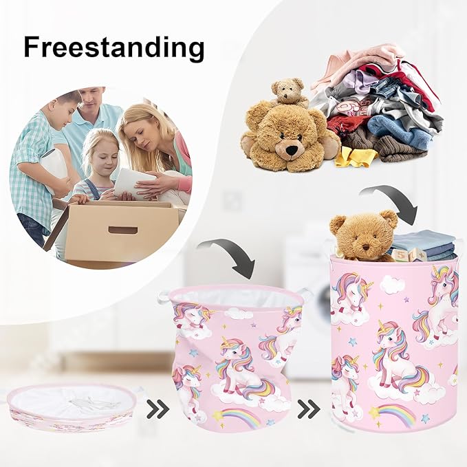 Unicorn Laundry Hamper Large Storage Basket Rainbow Clouds Collapsible Parents Organizer Kids Toy Clothes Bins for Bedroom, Bathroom, Stars, 63L
