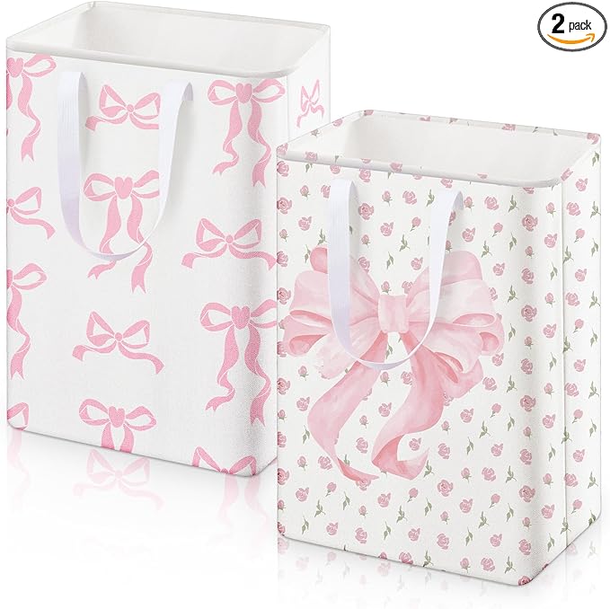 2 Pack Pink Bow Large Laundry Baskets, Bow Laundry Hamper with Handle, Pink Waterproof Canvas Fabric Lightweight Storage Basket, Bathroom Decor, Collapsible Clothes Hamper in Room