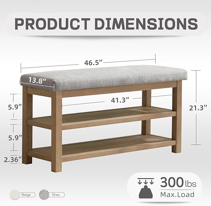 Shoe Rack Bench with Cushion, 2 Tier Solid Wood Storage Bench, Mid-Century Modern Shoe Bench for Entryway, Hallway, Closet, Front Door Entrance, Foyer (Grey, 46.5")