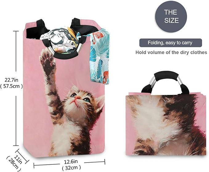 xigua Kitten Large Laundry Hamper with Handle, Foldable Clothes Hamper Collapsible Storage Basket for Toys and Clothes Organization in Bedroom, Bathroom, and Laundry Room