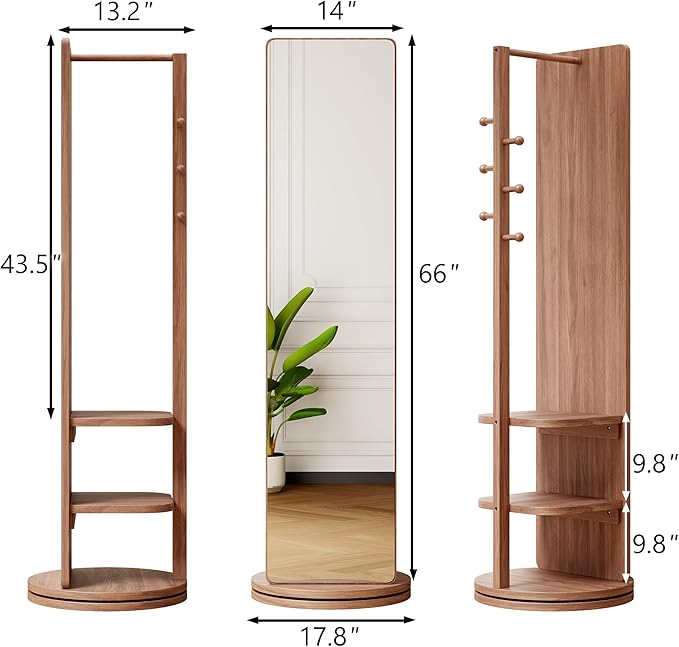CHANCEE 360° Rotating Mirror Coat Rack, Solid Wood Standing Mirror with Storage Hooks and Shelves, Space-Saving Multifunctional Organizer for Bedroom, Living Room, or Cloakroom (Walnut)