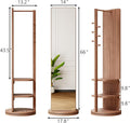 CHANCEE 360° Rotating Mirror Coat Rack, Solid Wood Standing Mirror with Storage Hooks and Shelves, Space-Saving Multifunctional Organizer for Bedroom, Living Room, or Cloakroom (Walnut)