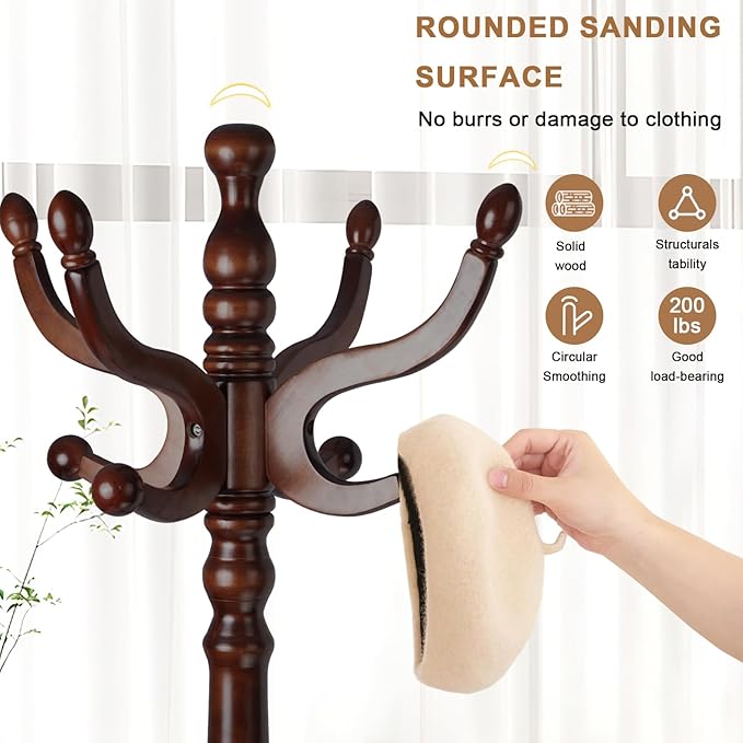 Solid Wood Coat Rack, Free Standing Hall Coat Tree with 11 Hooks, 2 Height Options, 270lbs Load, Stury Base, Clothes Rack for Entryway, Hallway, Bedroom (Disc Base - Dark Brown)