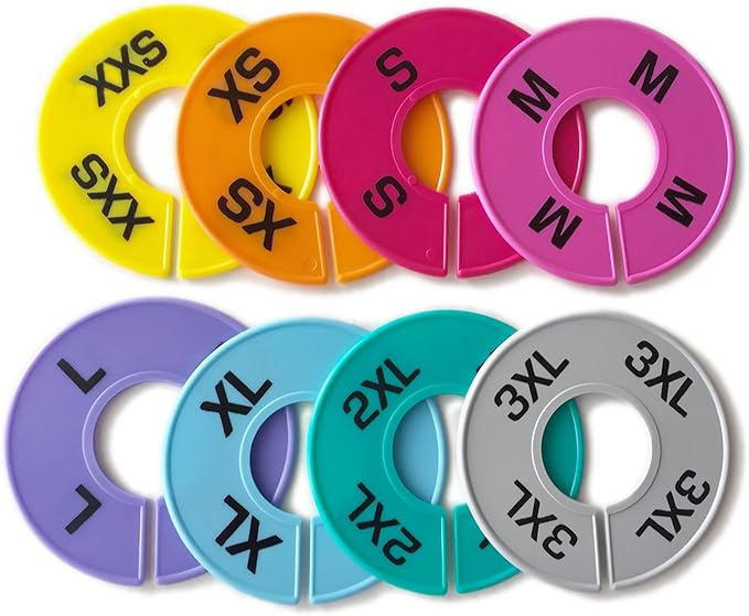 Set of Colored Clothing Round Rack Size Dividers (XXS - 3XL) Various Quantities Available (40)