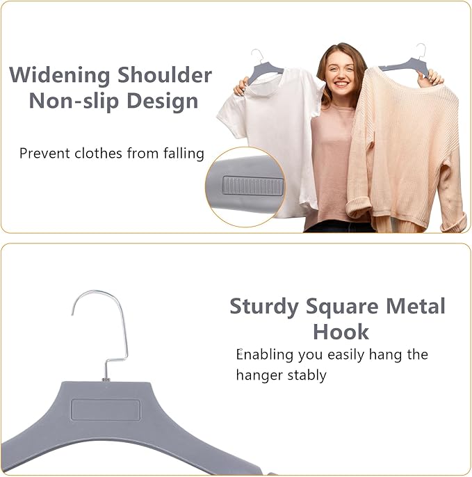 DEDU Suit Hangers for Men 20 Pack, Sweater Hangers No Shoulder Bump Non Slip Width 17.7", Plastic Clothes Hangers Grey with Metal Hook
