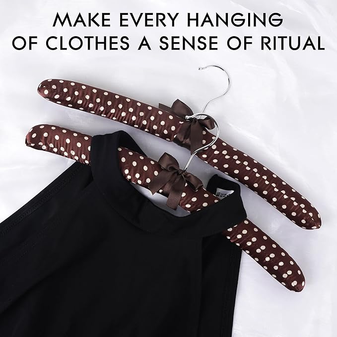 Women's Satin Padded Hangers - 15" Foam-Filled Wooden Clothes Hangers with No Shoulder Bumps, Bow Accent, for Sweaters, Blouses, Dresses – 5 Pack (Coffee Polka Dot)