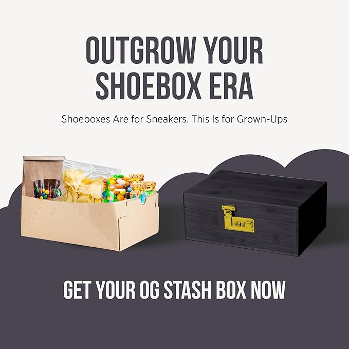 HASHSTASH The OG Storage Box - Large Bamboo Box with Combination Lock, Magnetic Lid, Organizer Tray, Airtight Tube and 3 Jars - Discreet Decorative Locking Wooden Box with Accessories (Black/Gold)