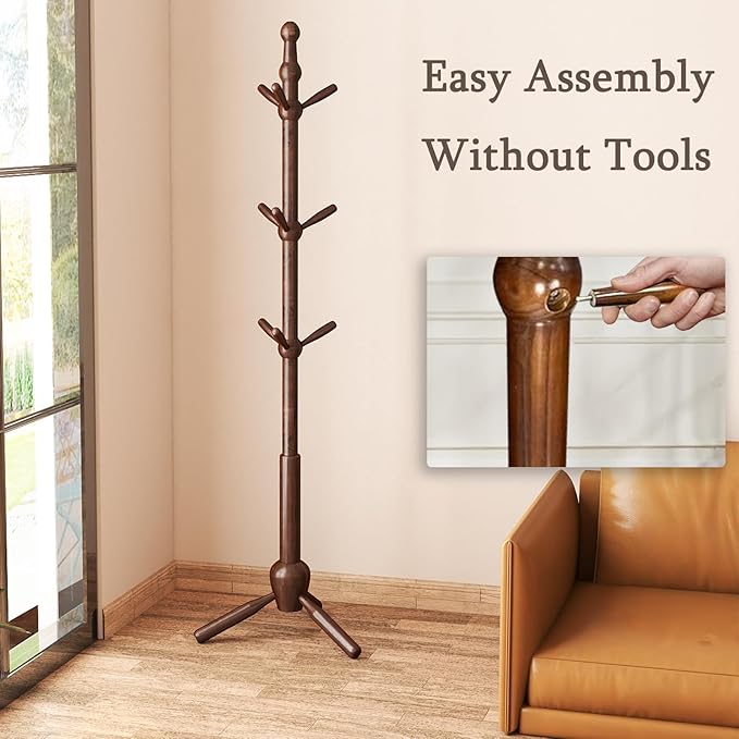 Solid Wood Coat Rack Stand, Vintage Heavy Duty Coat Hanger Stand with 9 Hooks, 3 Adjustable Size Sturdy Coat Tree for Living Room, Entryway, Office, Hallway, Brown