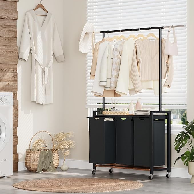 IDEALHOUSE Laundry Sorter 3 Section with Hanging Rack,Rolling Laundry Sorter Hamper with Shelf & Lockable Wheels,Laundry Basket Organizer for Laundry Room, Bedroom, Bathroom